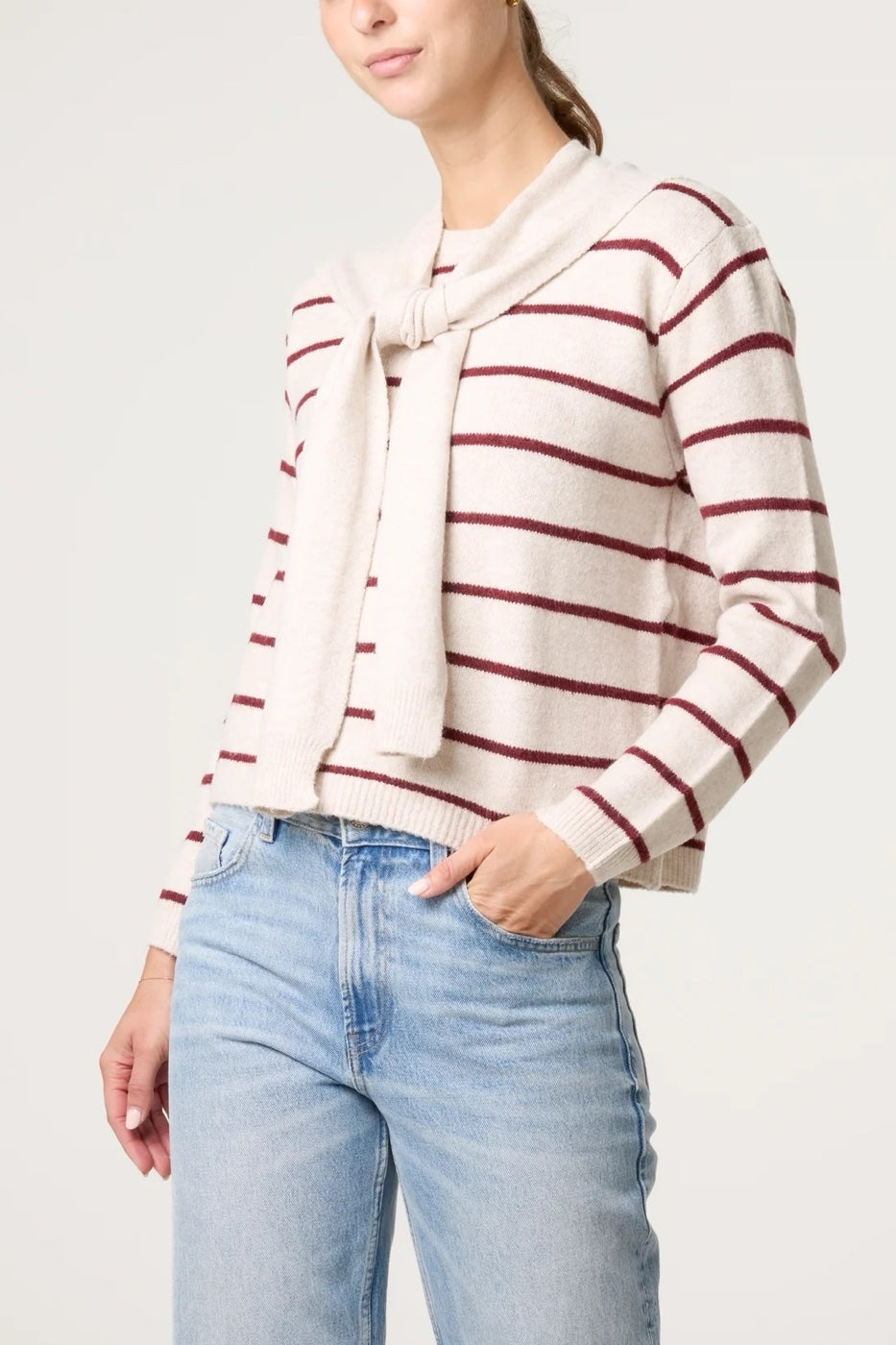 Striped Knit Scarf Wrap Jumper - Wine