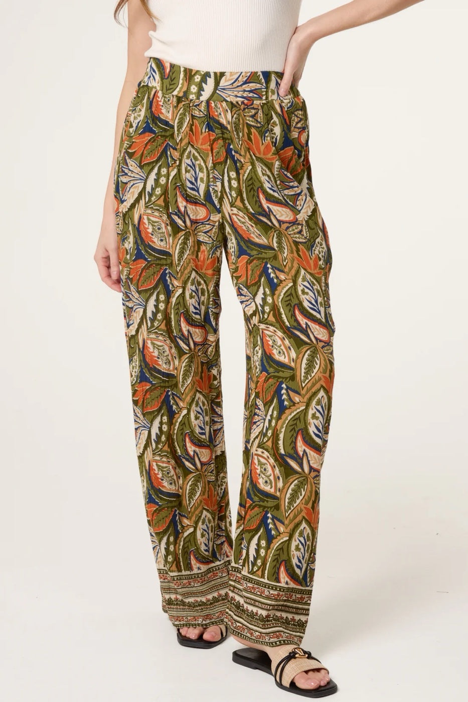 Paisley Print Wide-Leg Trousers - Dark Olive Green
