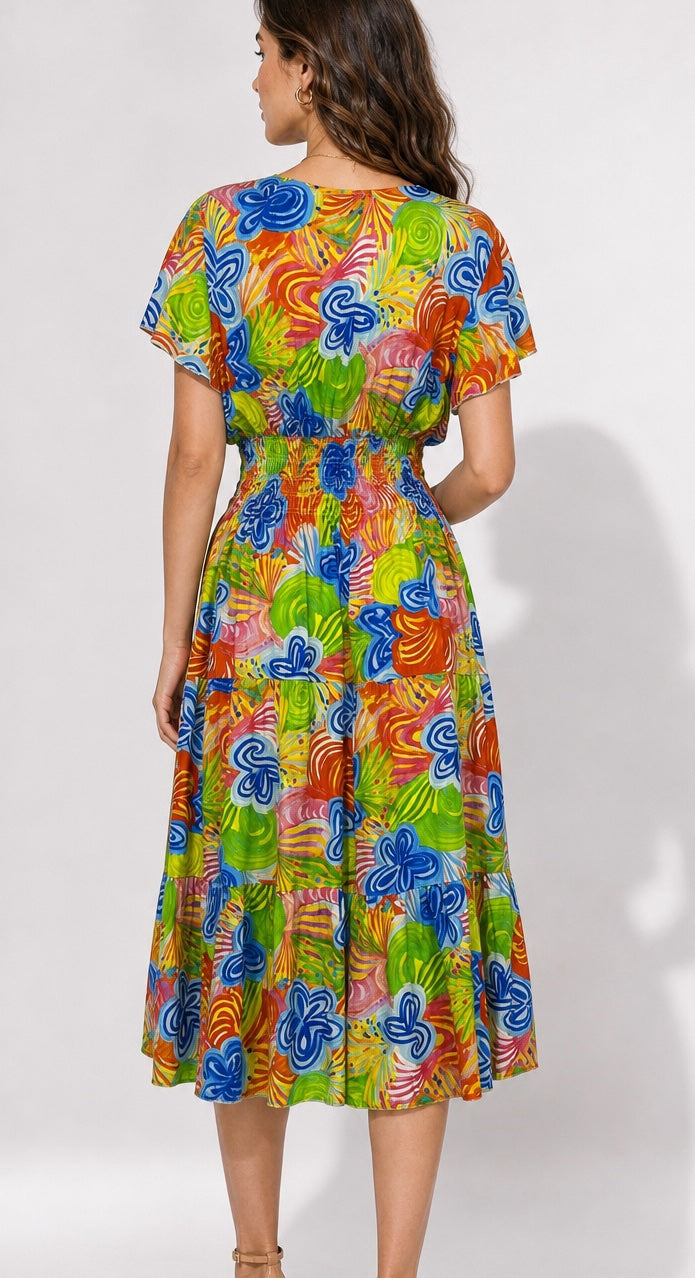 Whimsical Floral Print Midi Dress - Bright Red