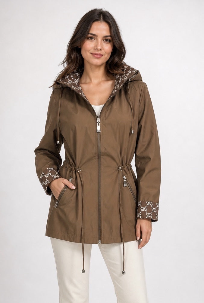 Hooded Drawstring Jacket with Patterned Accents - Chocolate