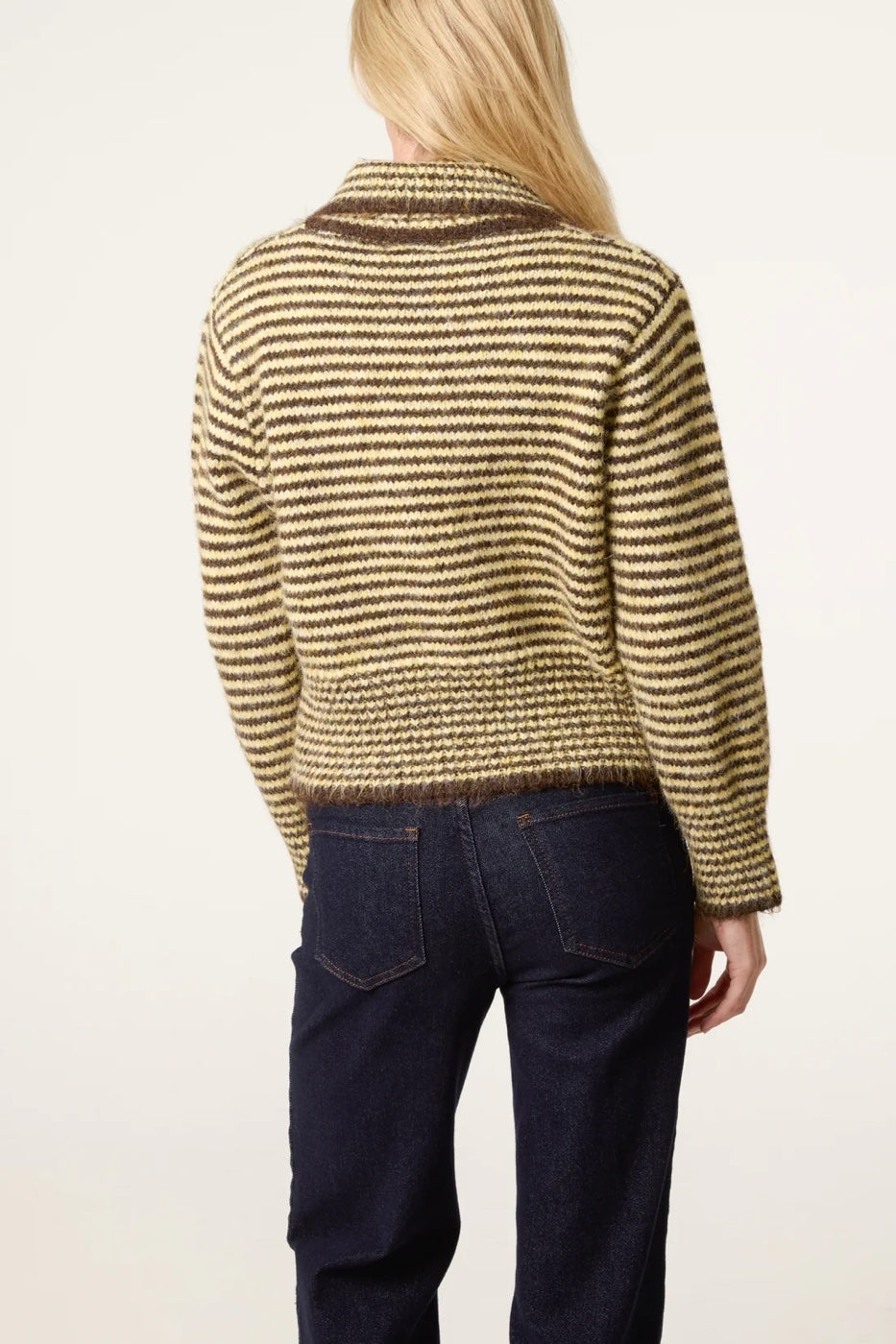 Striped Collared Wool Blend Cardigan - Yellow/Brown (2)