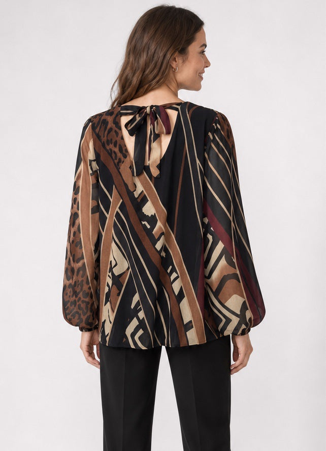 Abstract Print Pleated Blouse - Black (2)