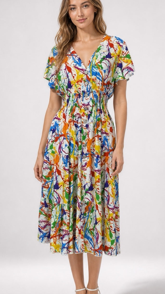 Vibrant Splash Print Midi Dress - White