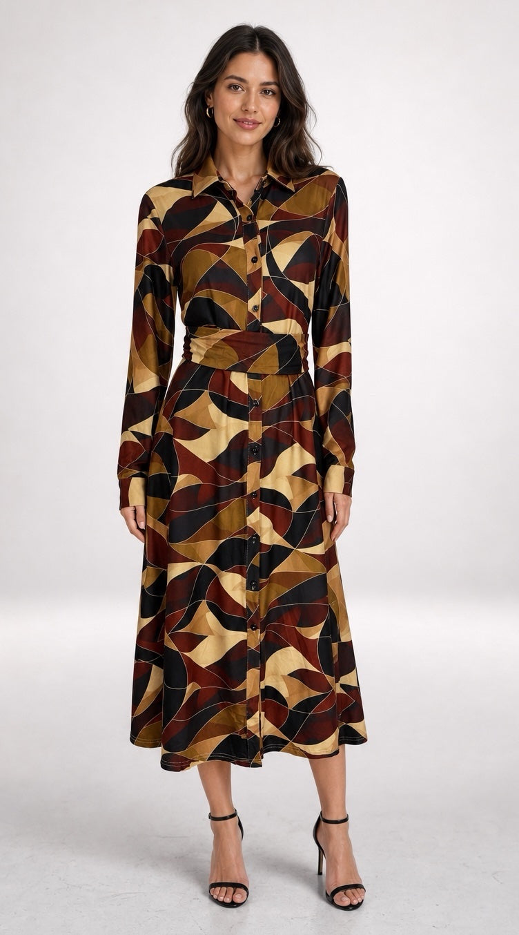 Geometric Print Shirt Dress - Black