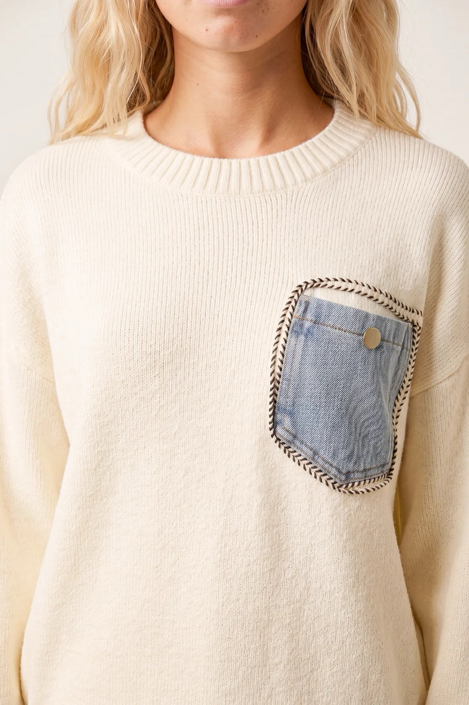 Denim Pocket Soft Knit Jumper - Ivory