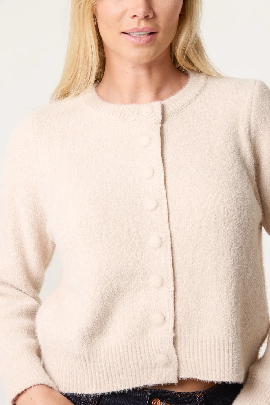 Textured Knit Cropped Cardigan - Stone