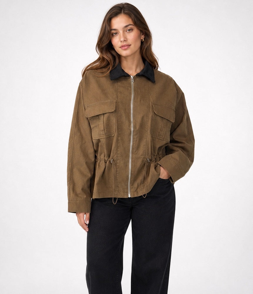 Utility Zip Cinched Jacket - Chocolate
