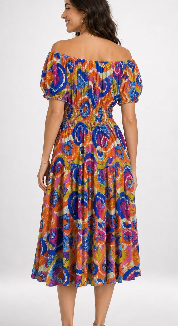 Abstract Print Off-the-Shoulder Midi Dress - Blue (2)
