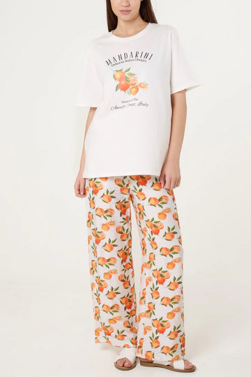Citrus Print Wide-Leg Trousers - Orange