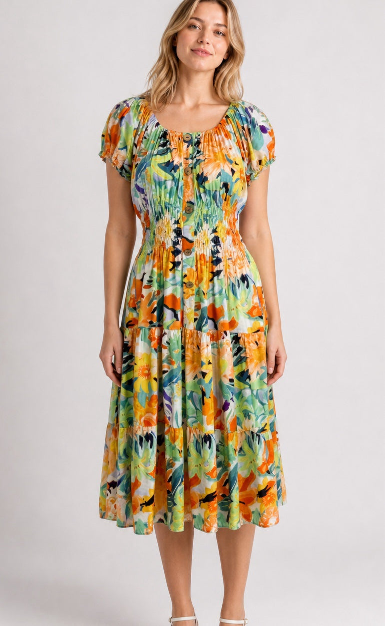 Coloured Leaf Off-Shoulder Midi Dress - Mixed Pack