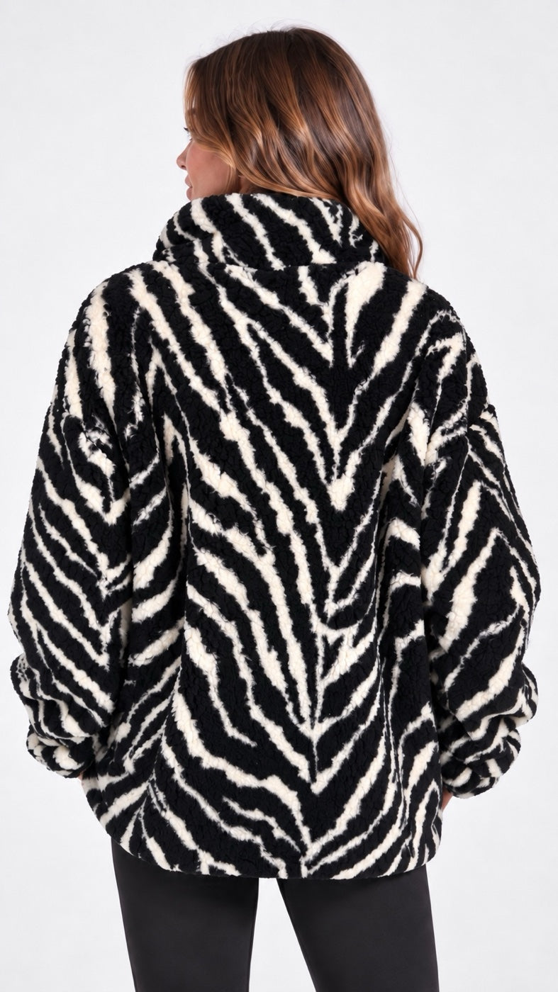 Statement Zebra Print Fleece Jacket - Ivory