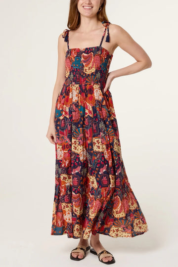 Multi Print Smocked Bodice Maxi Dress - Navy
