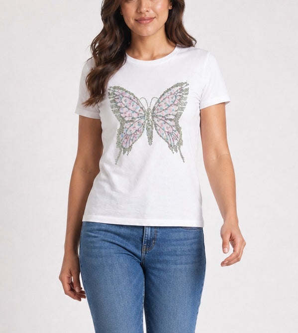 Beaded Butterfly Embellished Tee - White