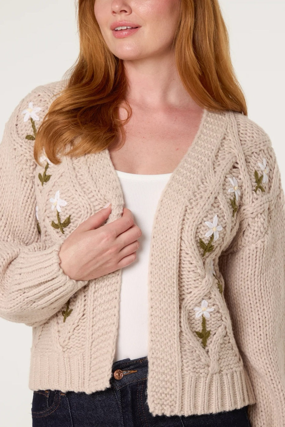 Embroidered Cable Knit Cardigan - Stone (2)