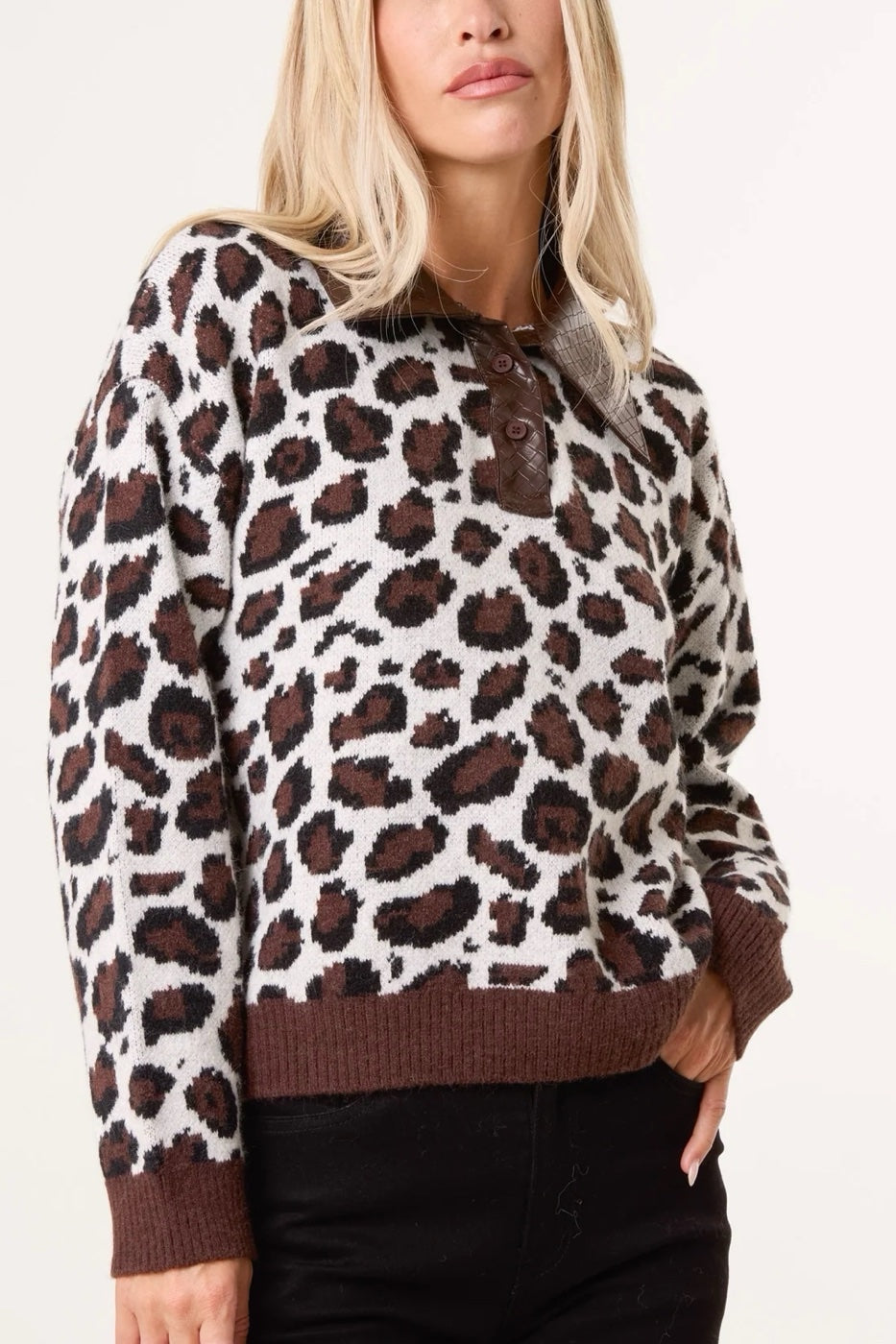Leopard Print PU Collared Knit Sweater - Chocolate