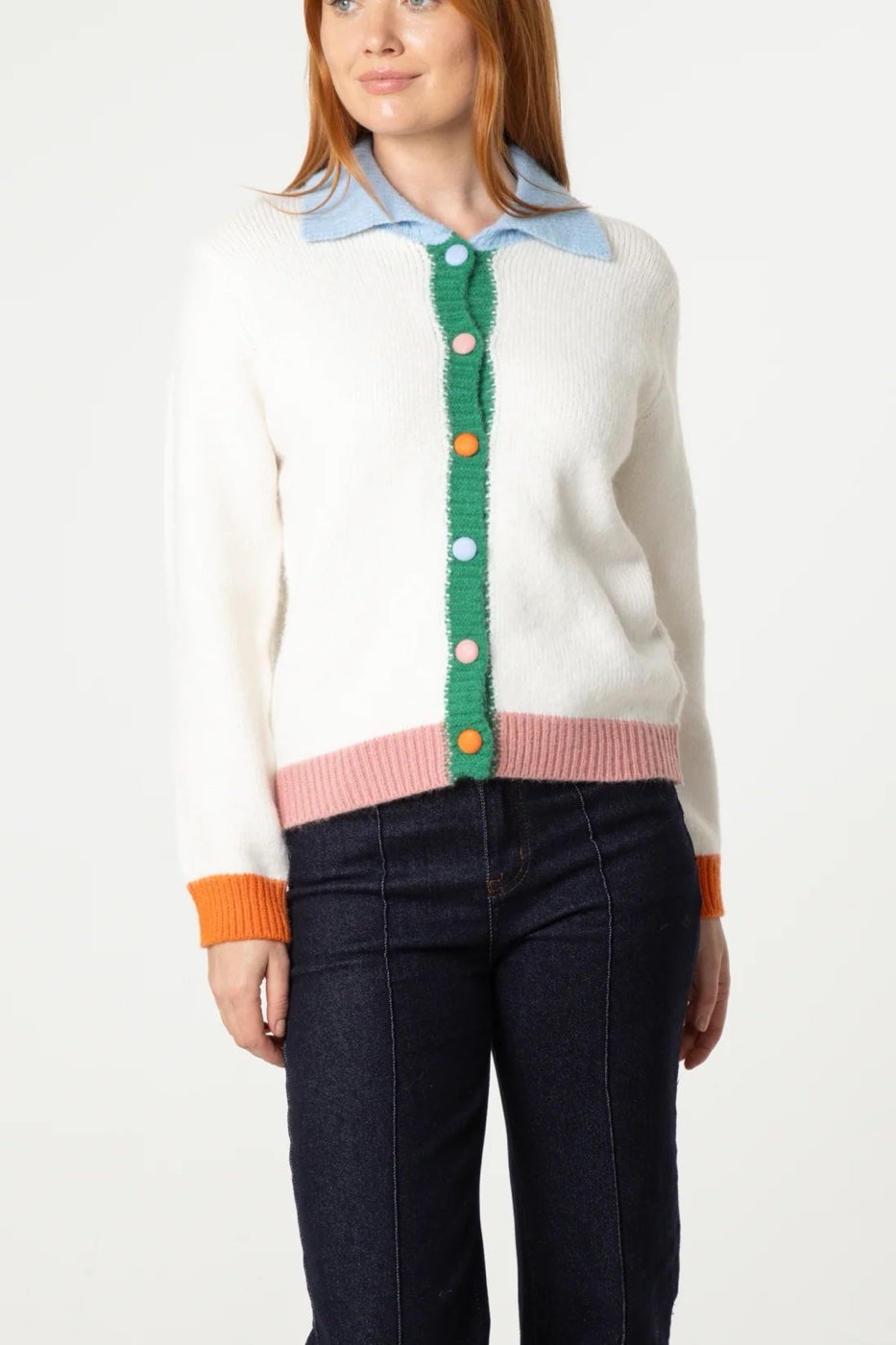 Collared Contrast Trim Cardigan - Ivory