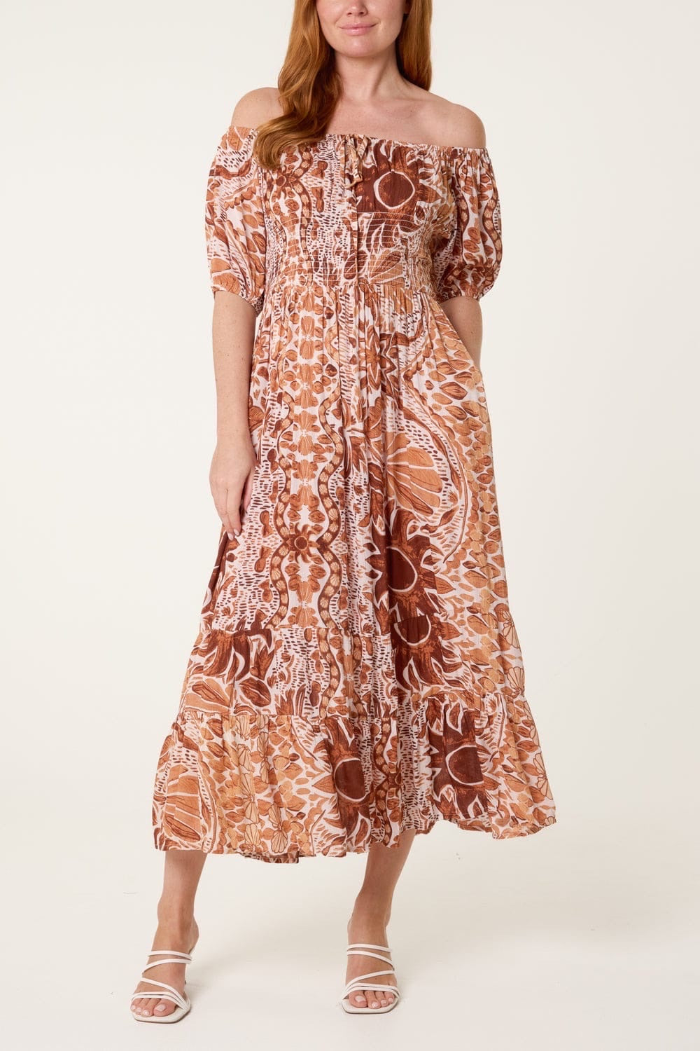 Shirred Off-Shoulder Maxi Dress - Rust