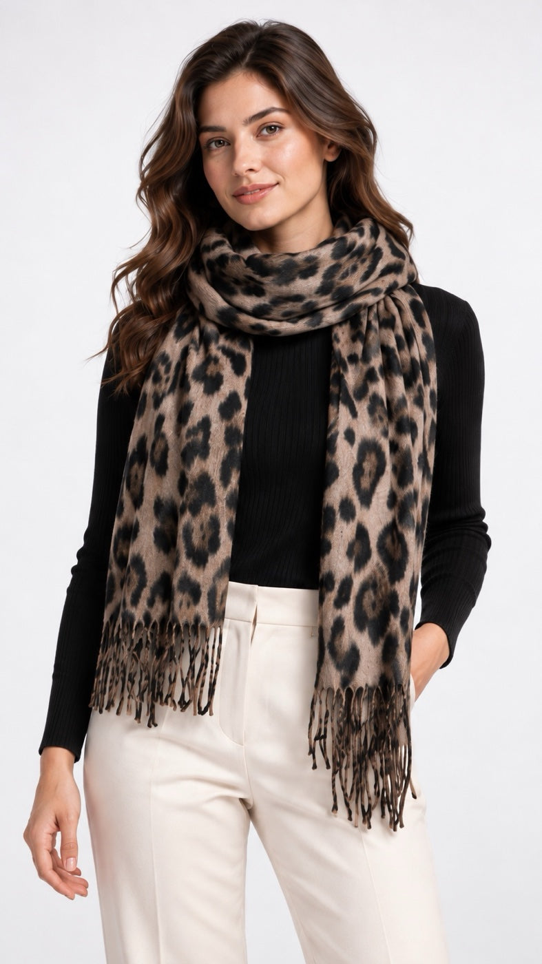 Leopard Print Scarf with Fringed Hem - Mixed Pack