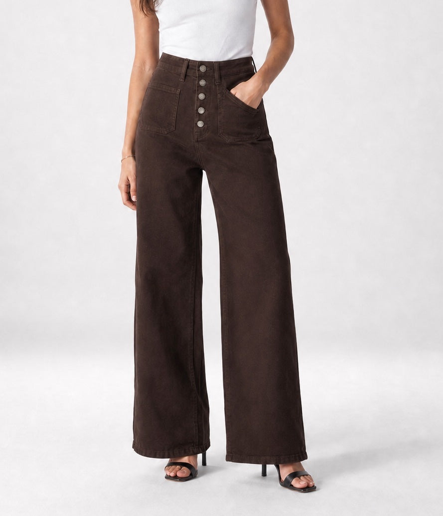 High-Rise Wide-Leg Button-Fly Trousers - Chocolate