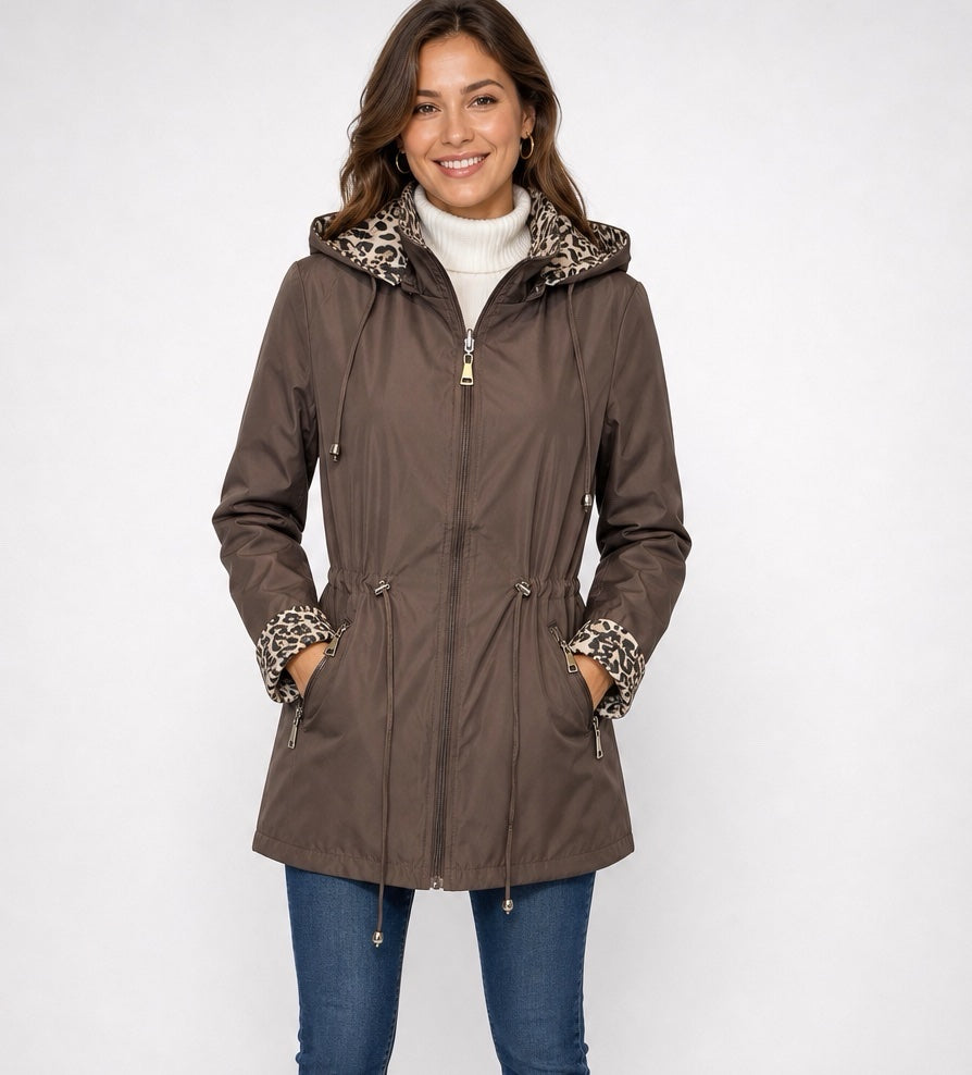 Reversible Anorak Jacket with Leopard Print Lining - Chocolate