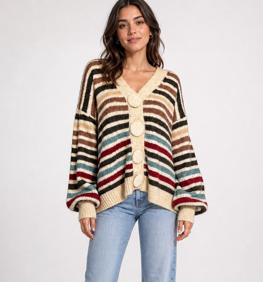 Striped Balloon Sleeve Wool Blend Cardigan - Mixed Pack