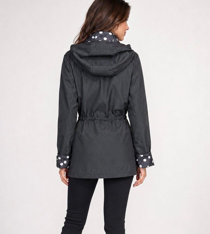 Hooded Water-Resistant Jacket with Drawstring Waist - Black (2)