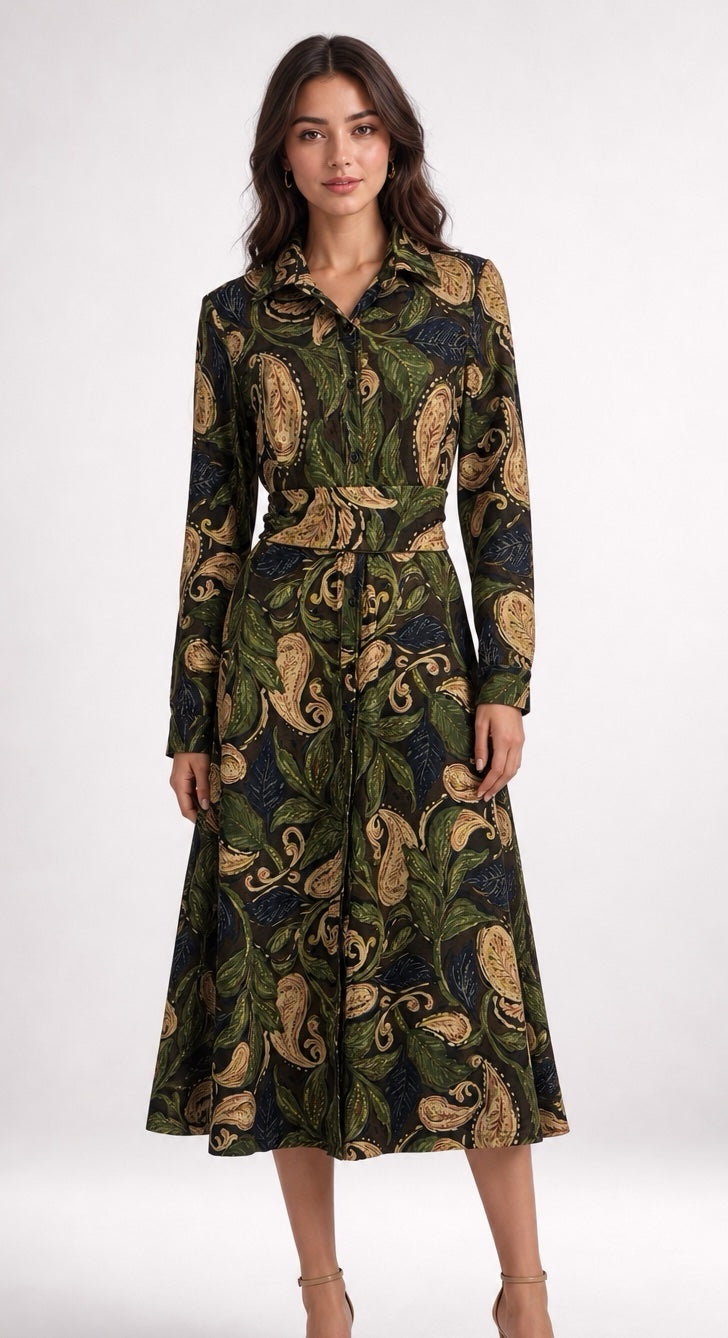Paisley Print Midi Shirt Dress - Forest Green