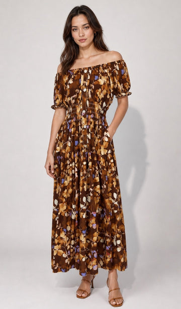 Shirred Bodice Off-the-Shoulder Maxi Dress - Brown