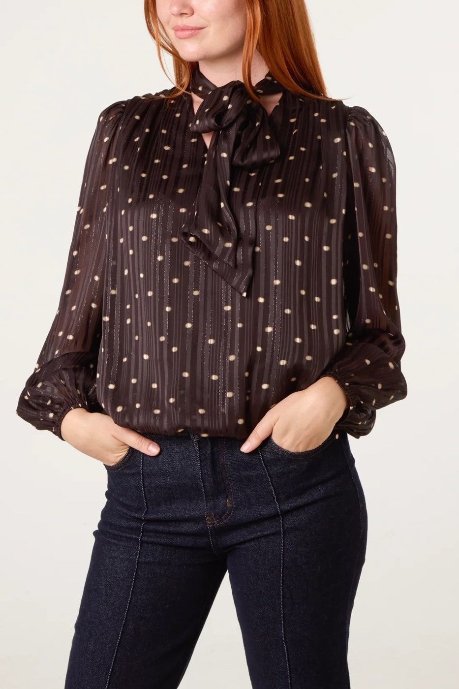 Pussy-bow Blouse with Shimmering Detail - Brown