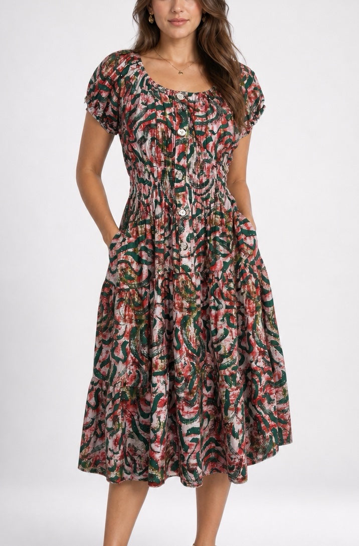 Colour Swirl Smocked Bodice Midi Dress - Red