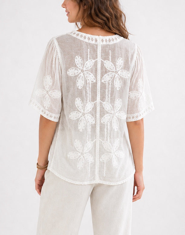 Embroidered Floral Button-Front Blouse - White (2)