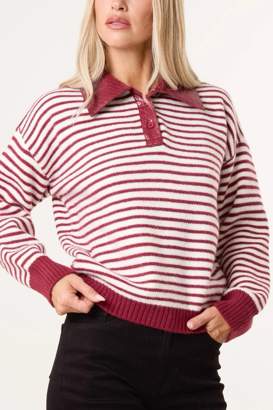 Striped Faux Leather Trim Sweater - Wine