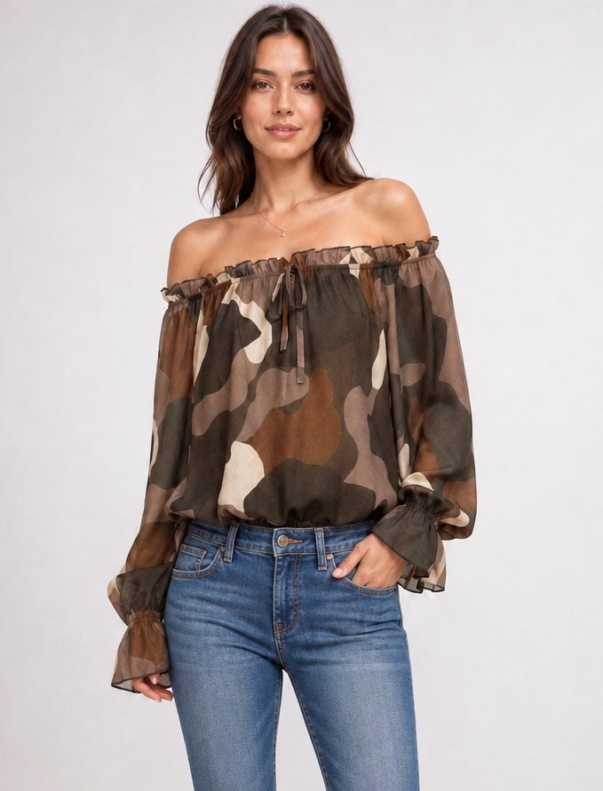 Off-the-Shoulder Tie-Front Blouse - Chocolate
