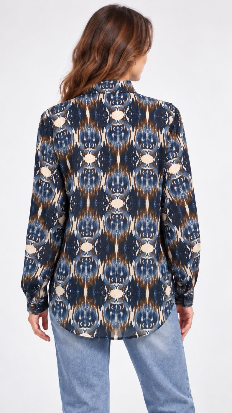 Abstract Print Button-Down Blouse - Blue (2)