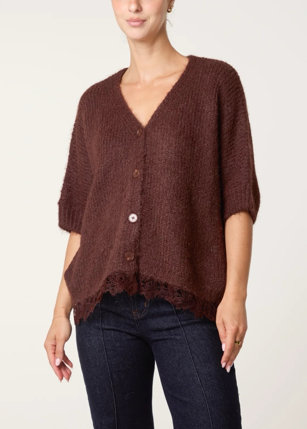 Textured Knit Distressed Hem Cardigan - Chocolate