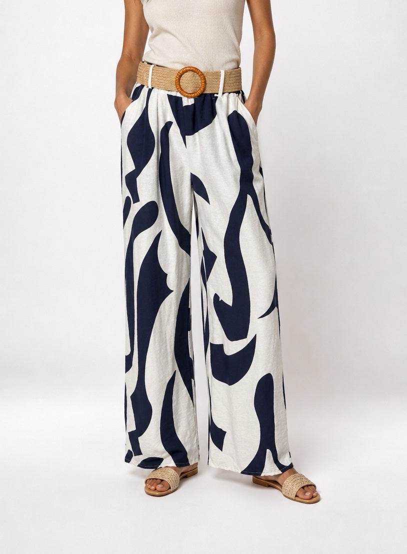 Abstract Print Wide-Leg Trousers - Navy