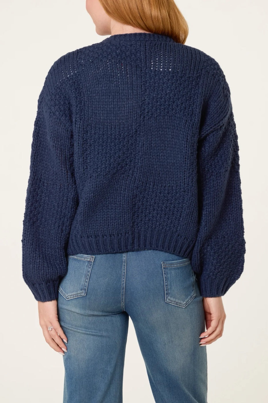 Floral Embroidered Chunky Knit Cardigan - Navy (2)