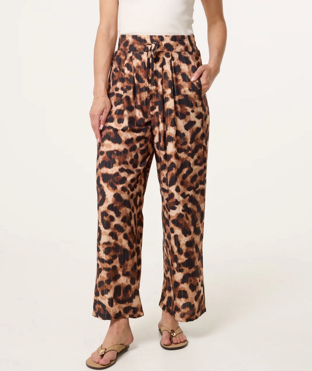 Animal Print Wide Leg Trousers - Brown