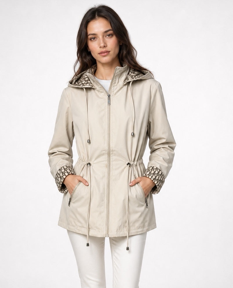 Reversible Hooded Jacket with Drawstring Waist - Cream