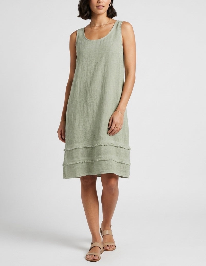 Cotton Shift Dress with Frayed Hem - Khaki