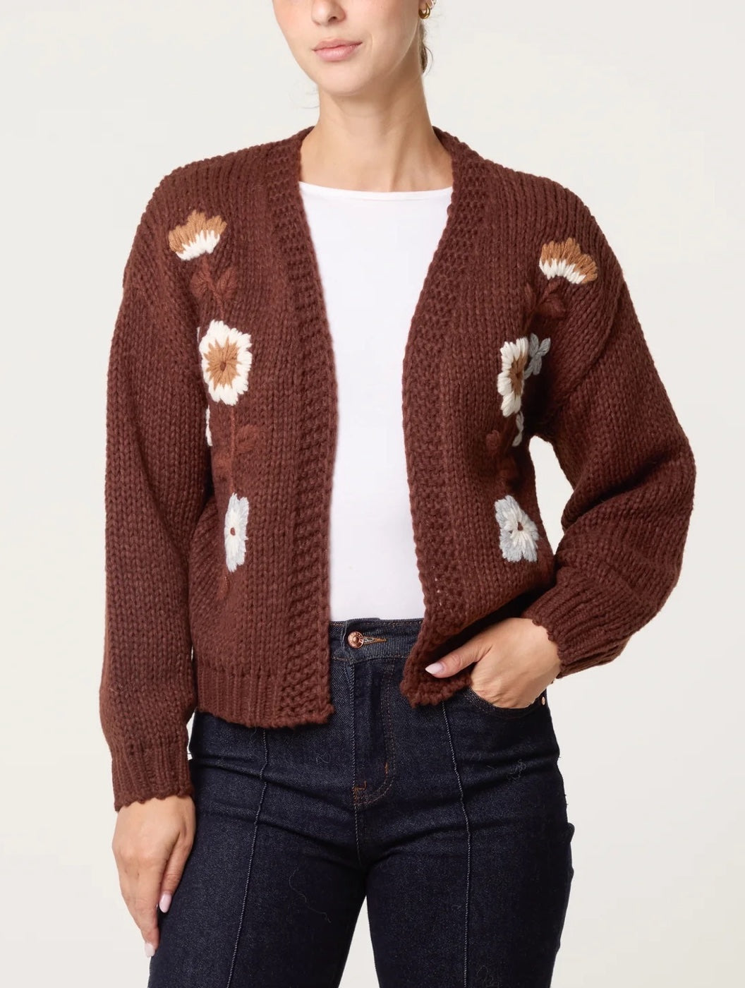 Embroidered Floral Knit Cardigan Chocolate  - Chocolate