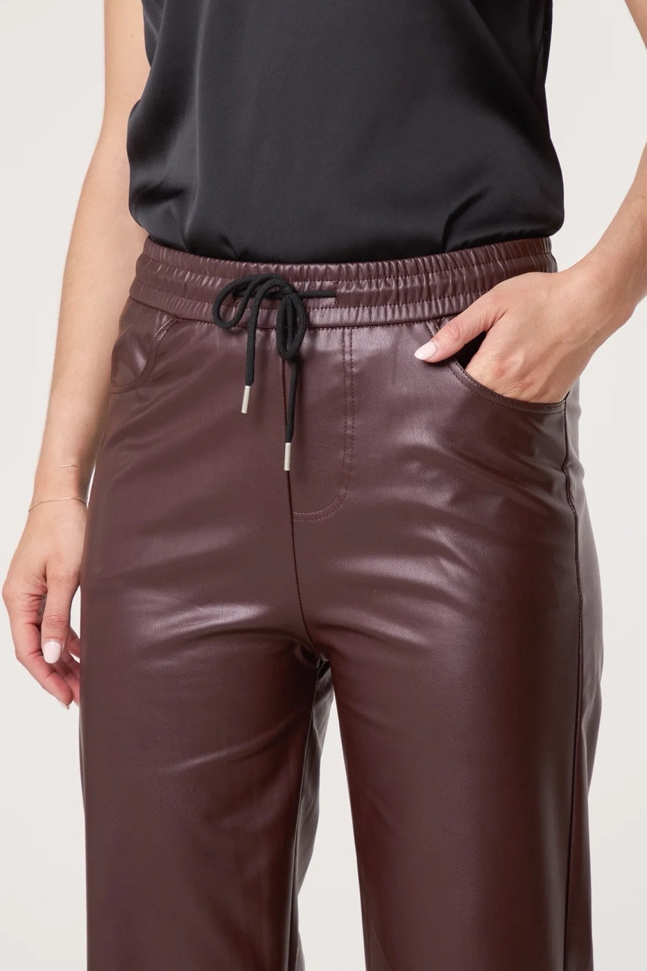 Faux Leather Drawstring Trousers - Chocolate