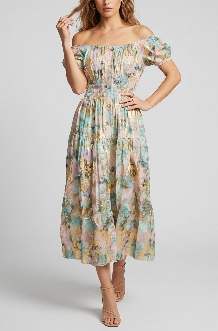 Off-Shoulder Shirred Maxi Dress - Baby Pink