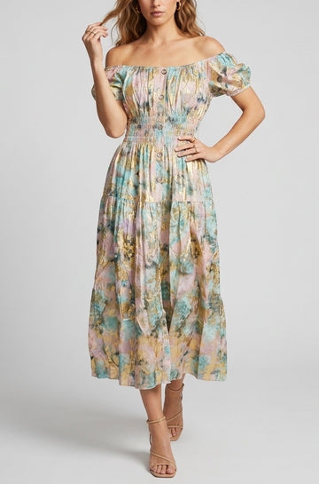 Off-Shoulder Shirred Maxi Dress - Baby Pink