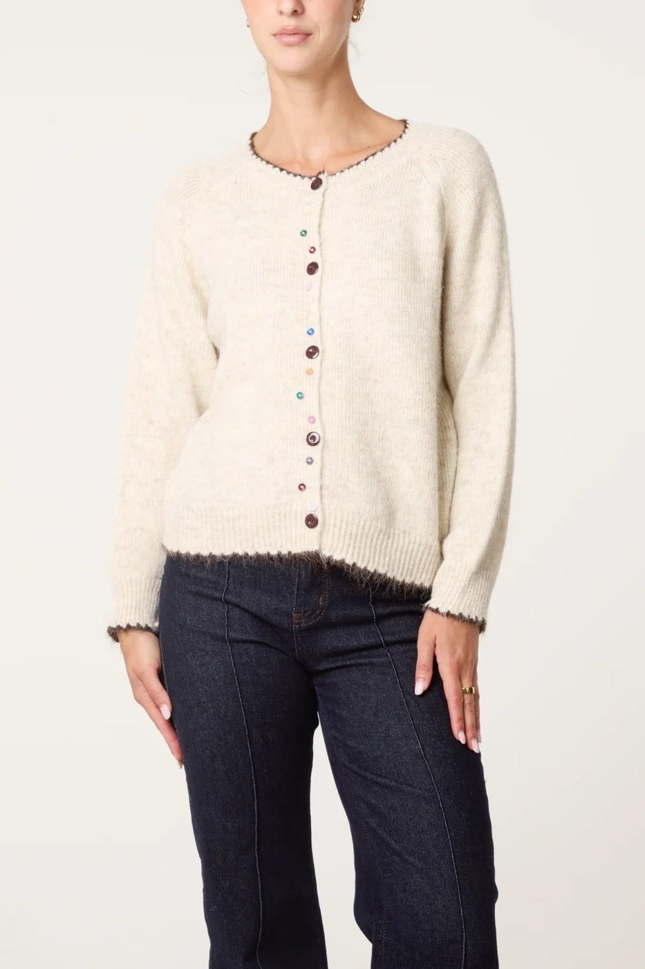 Whimsical Button Knit Cardigan - Beige/Choc