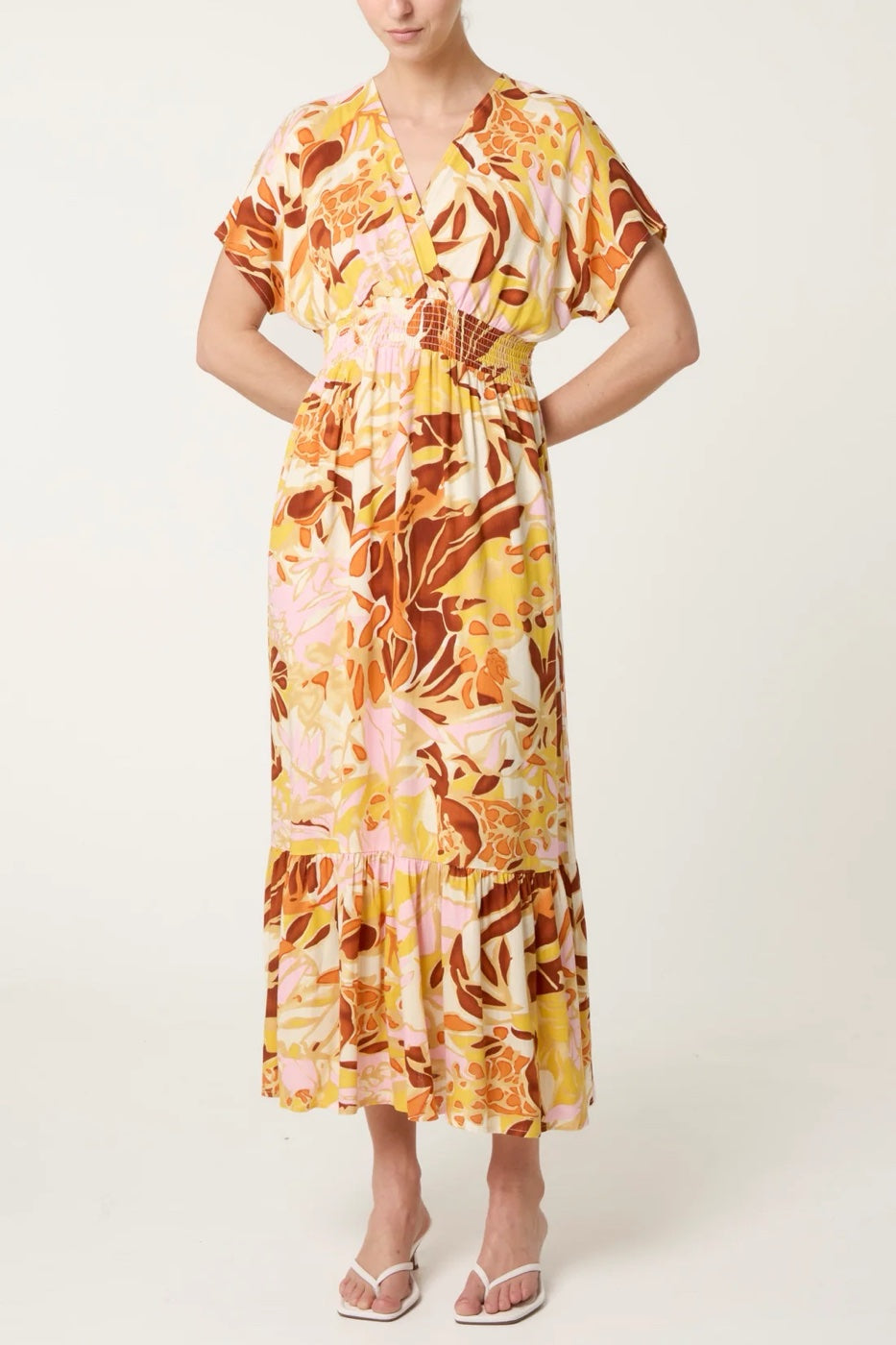 Maxi Dress with Elasticated Waistband and Tiered Hem - Orange
