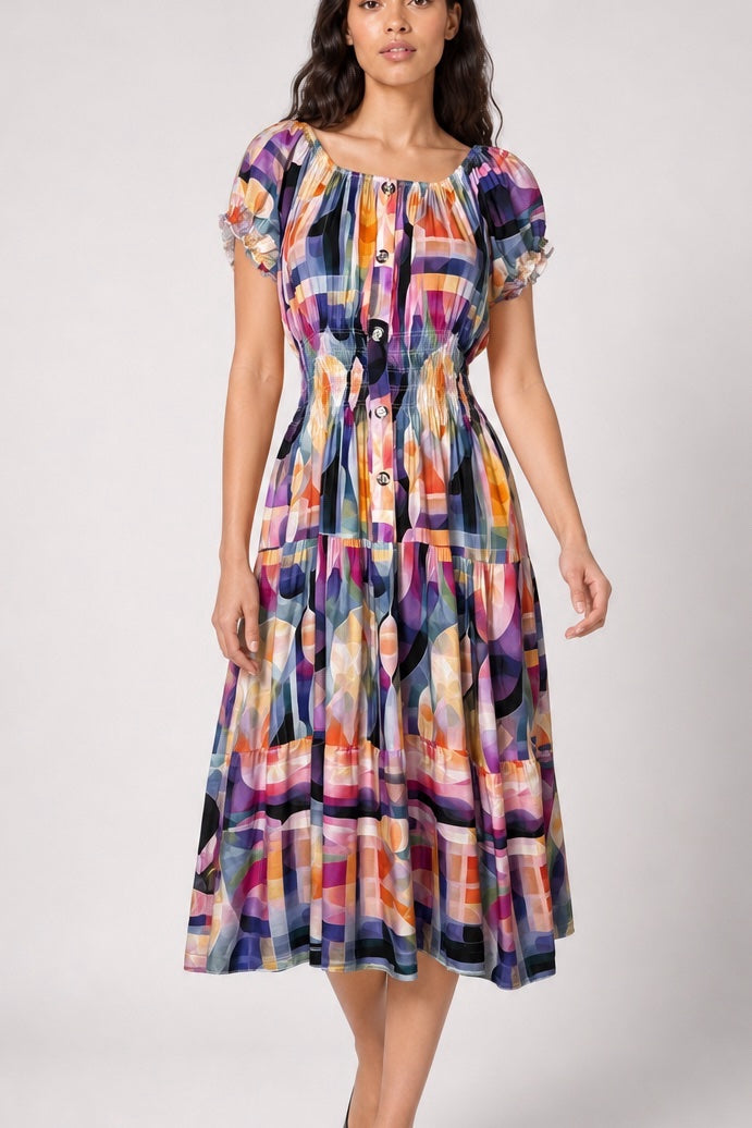 Shirred Bodice Midi Dress - Medium Purple