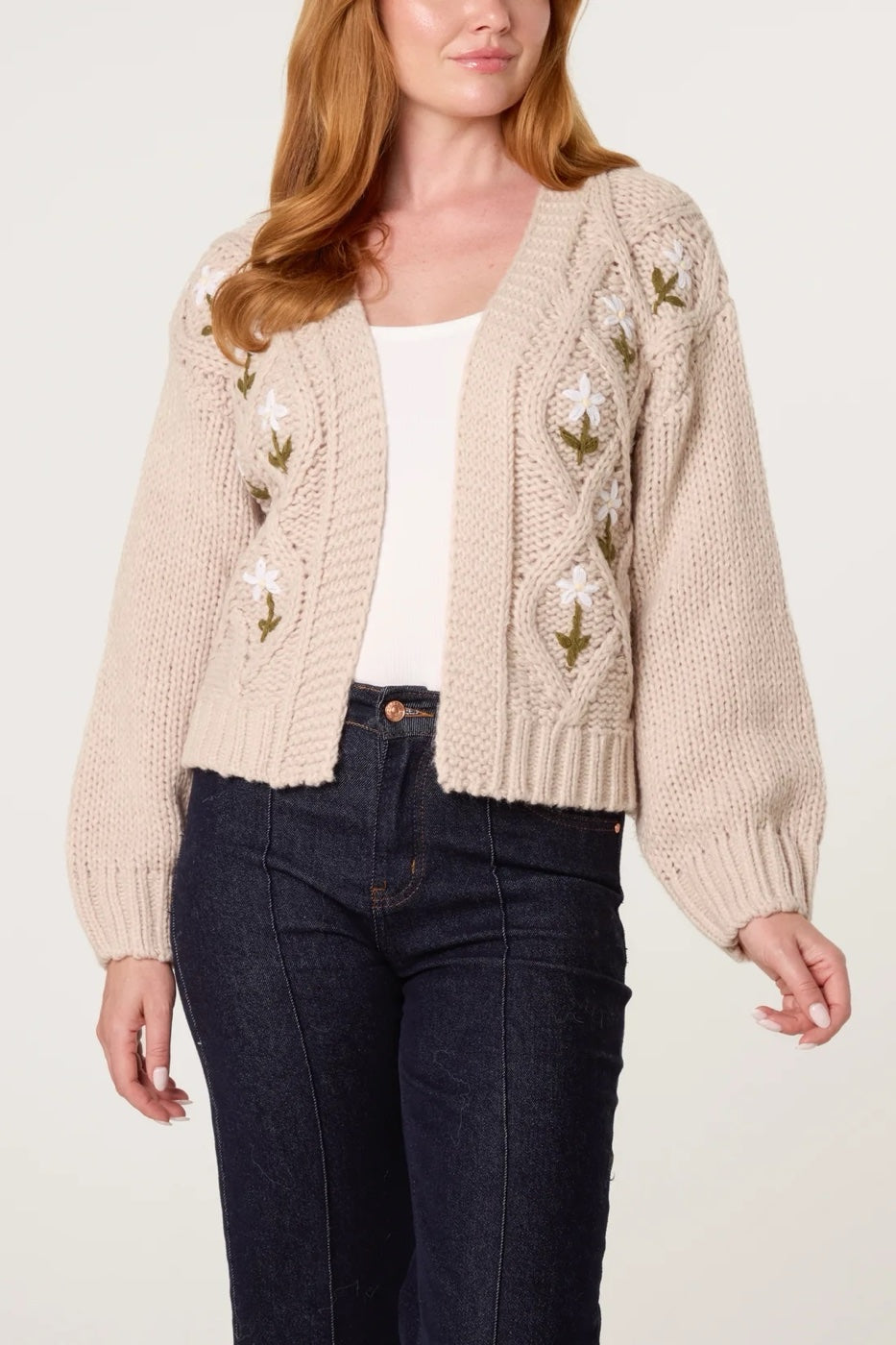 Embroidered Cable Knit Cardigan - Stone