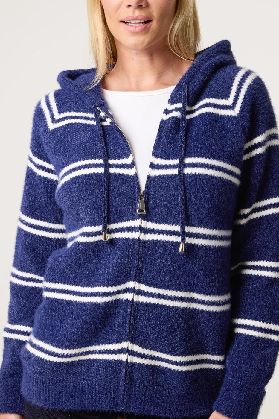 Striped Knit Zip-Up Hoodie - Navy/Ivory