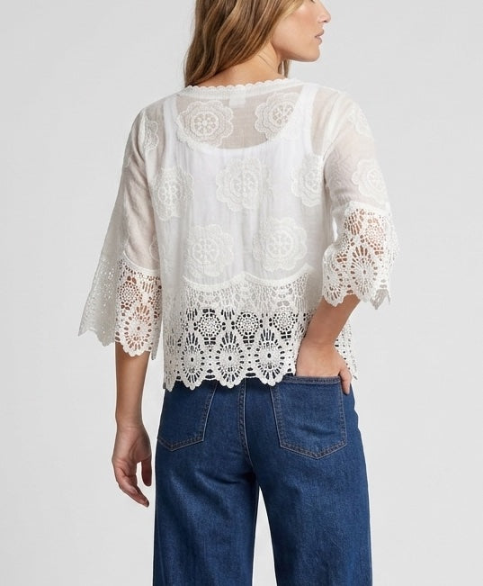 Embroidered Lace-Trimmed Blouse - White (2)